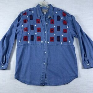 Tantrum Blues Womens XL Denim Shirt Patriotic Star Patches Blue Cotton Button Up